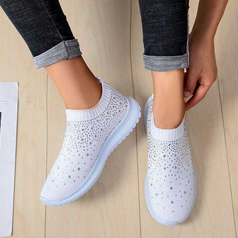 Women's Fashion Knitted Casual Shoes Sneakers Shiny Socks Slippers Breathable Mesh Crystal Sneakers Flat Soft Sole Women's Shoes