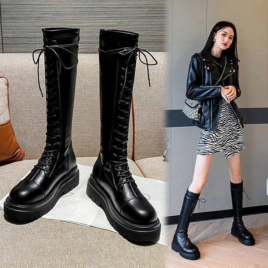 High Boots Women Autumn and Winter Single Boots Black Wild But Knee Long Knight British Riding Boots Boots