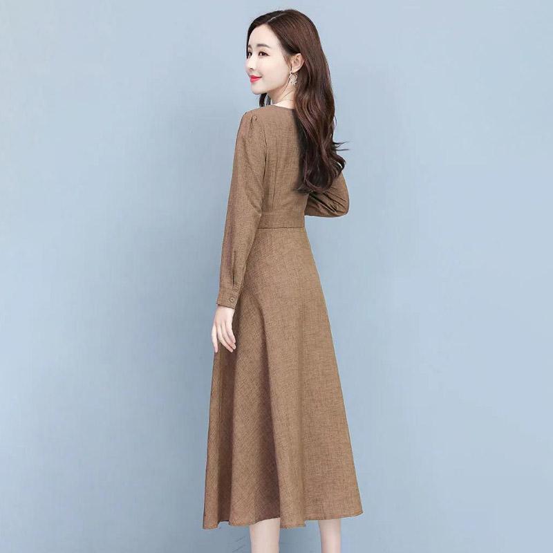 Long Sleeve Fashion Dress Female Spring Summer Korean Style Noble Temperament Slim Slimming Cotton and Linen Midi Skirt