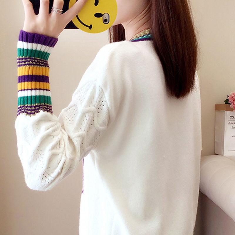 Letter Printed Sweater Women's Casual Striped Stitching Sleeve Pullover Sweater Autumn and Winter Students Loose Knit Top Outer Wear