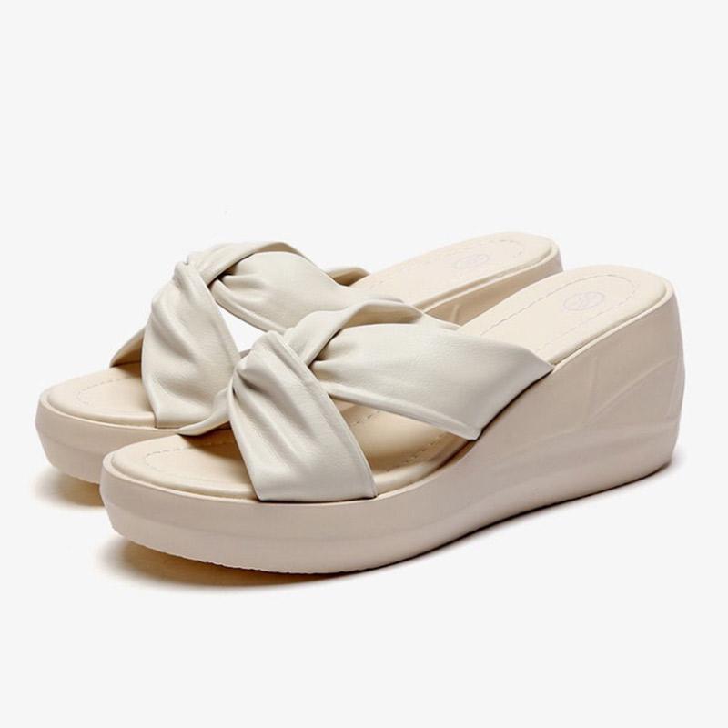 Leather Wedge Slippers Ladies Thick Sole Outer Wear Fashion Summer Flip High Heel Beach Sandals