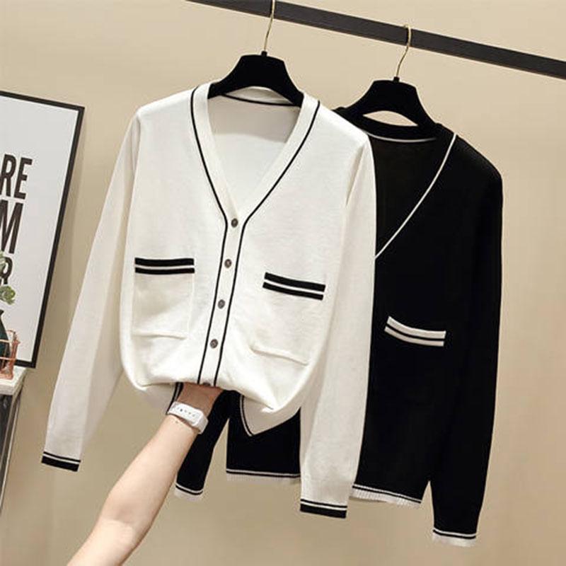 Pofulove Autumn Women's Knit Cardigan Jacket V-neck Long Sleeve Loose Slim Fit Ladies Sweater