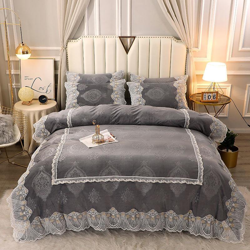 4pcs/set Winter High-end Bedding Coral Fleece Bed Skirt Double-sided Thickening Warm Flannel Duvet Cover