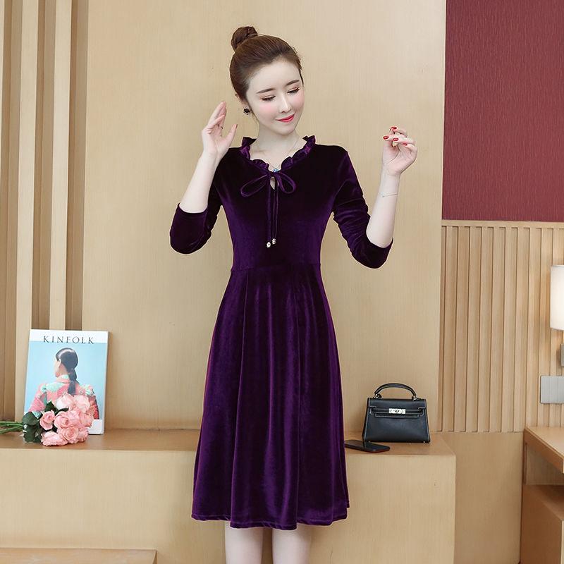 Autumn and winter dress women's long-sleeved thin dress wild large size waist waist skirt