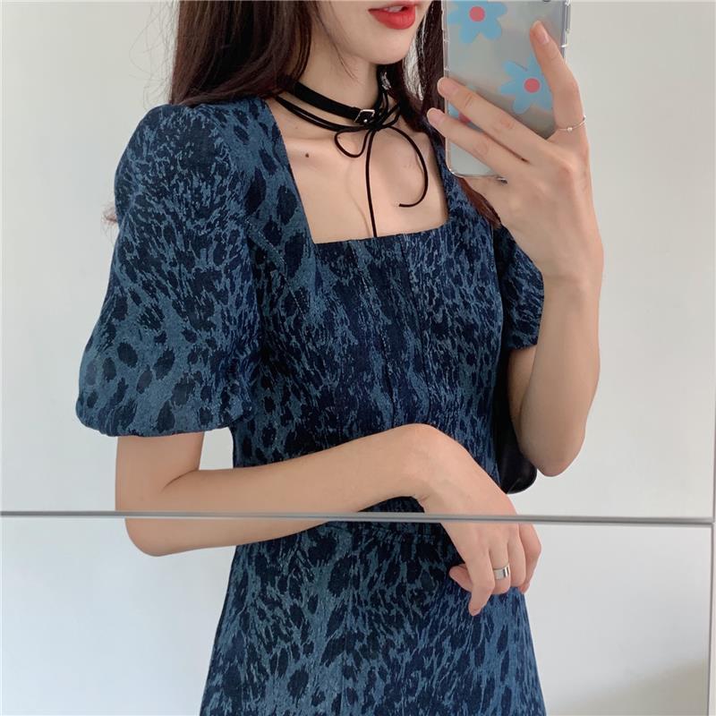 Female Vintage Slim Elegant Party Dress Leopard Print Square Neck Bubble Short Sleeve Denim Graceful Club Dress