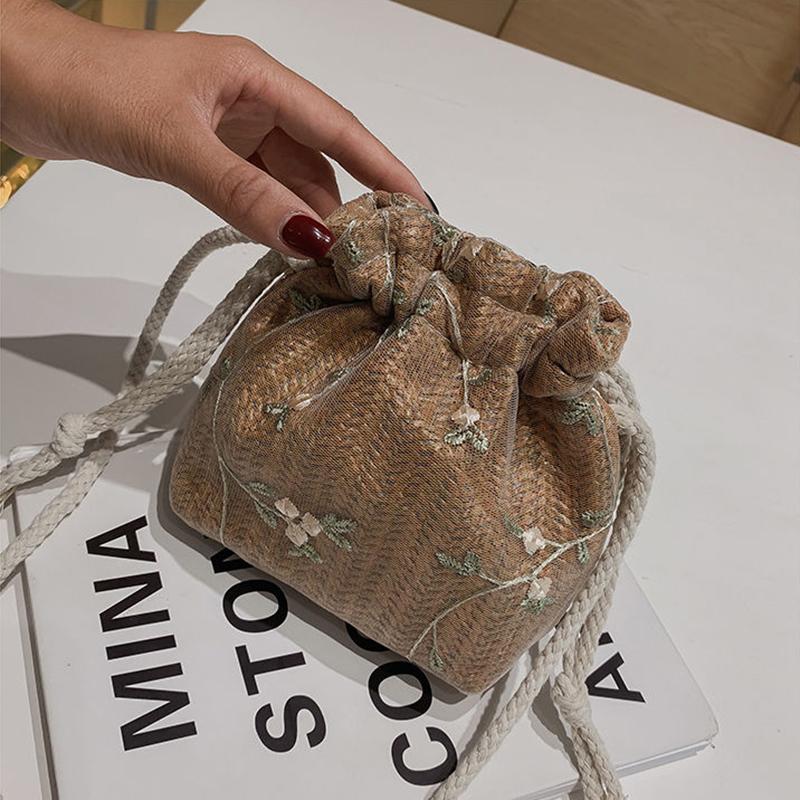 Lace Women's Straw Woven Bucket Bag Cute Summer Student Travel Vacation Beach Bag Shoulder Messenger Bag