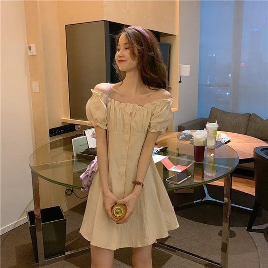 Little Lady Simple Solid Elegant Dress Vintage Square Collar Large Size Slim Graceful Party Dress