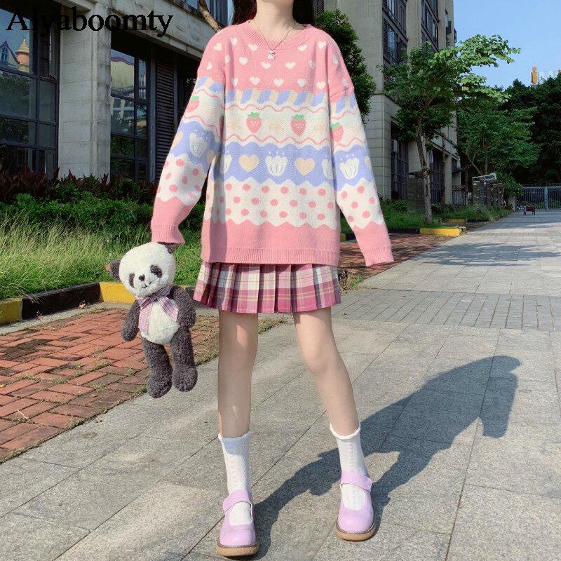 Japanese Preppy Style Autumn Winter Women Sweater Pink Strawberry Heart Warm Knitted Pullover Cute Kawaii Sweet Soft Overcoat