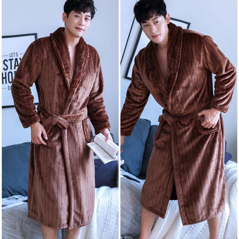 Plus Size Men Cashmere Bathrobe Long Robe Coat Shawl Bathrobe Absorbent and Quick-drying Home Clothes