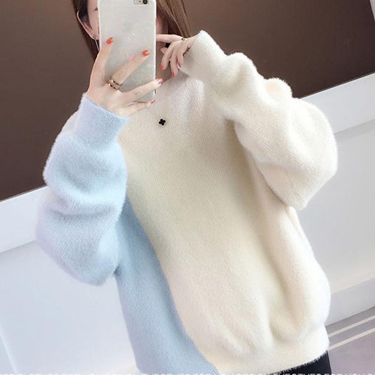 Autumn and Winter Mixed Color Coat Non-shedding Round Neck Thick Sweater Fashion Casual Top
