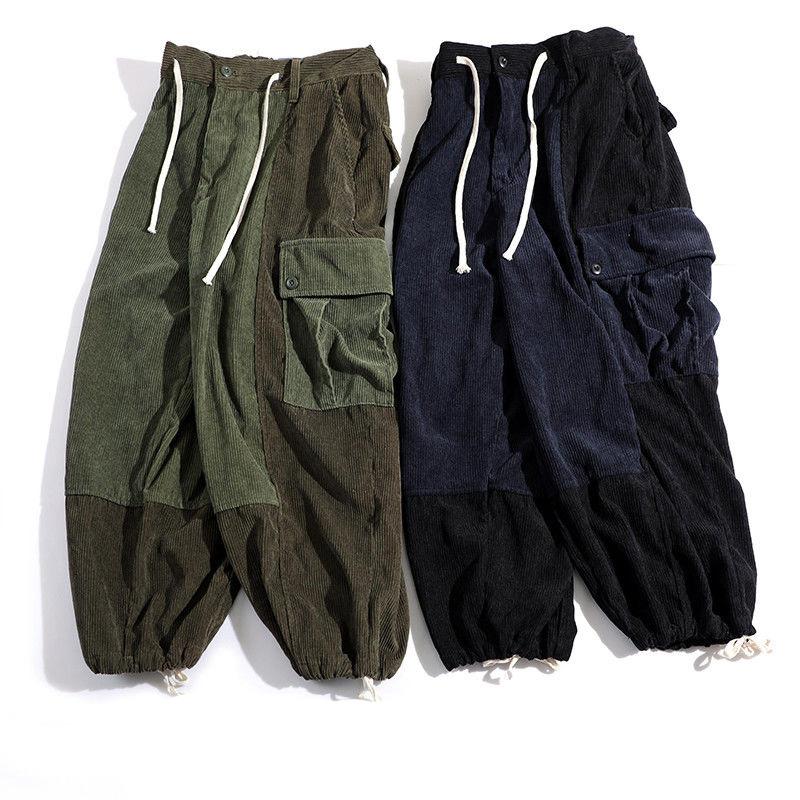 Retro Corduroy Drawstring Trousers Loose Wide-leg Bilateral Large Pockets Drawstring Pants Men