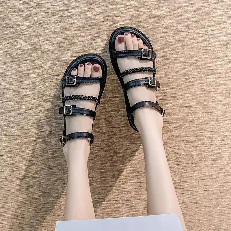 Thick-soled Sandals Women's Summer All-match Flat-bottomed Roman Shoes with A Word Buckle Simple Non-slip Thick-soled Sandals