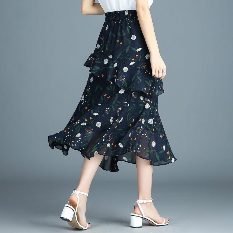 A-line Skirt Floral High Waist Thin Irregular Ruffle Big Wave Chiffon Midi Skirt Elastic Waist Mid-length Skirt
