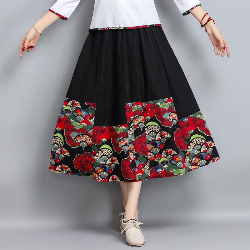 Four Seasons Skirt Stitching Ethnic Style Women's Skirts Cotton and Linen Large Swing Mid-length Skirt Retro Was Thin