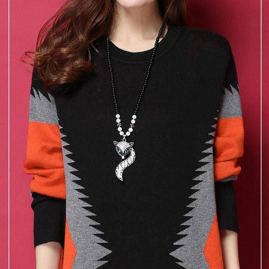 Autumn Winter Long Base Sweater Dress Large Size Loose Sweater Dress Contrast Color Pullover Knitted Dress