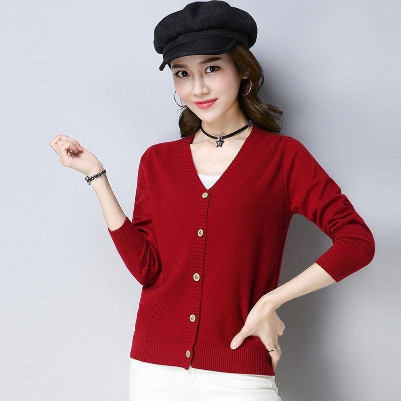 Spring and Autumn Knit Solid Color Cardigan Long Sleeve V-neck Sweater Short Solid Color Coat