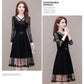 Spring and Summer Black V-neck Lace Stitching Dress Mesh Large Size Waist Skirt A-line Dress Covering Belly Mid Skirt