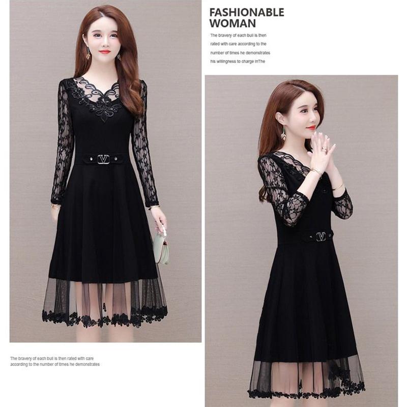 Spring and Summer Black V-neck Lace Stitching Dress Mesh Large Size Waist Skirt A-line Dress Covering Belly Mid Skirt