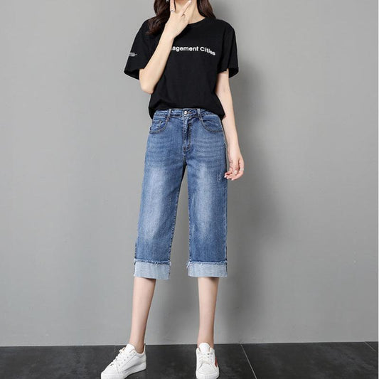 Cropped Straight Jeans Women's Loose Spring, Autumn and Summer Thin Breeches High-waisted Wide-leg Pants