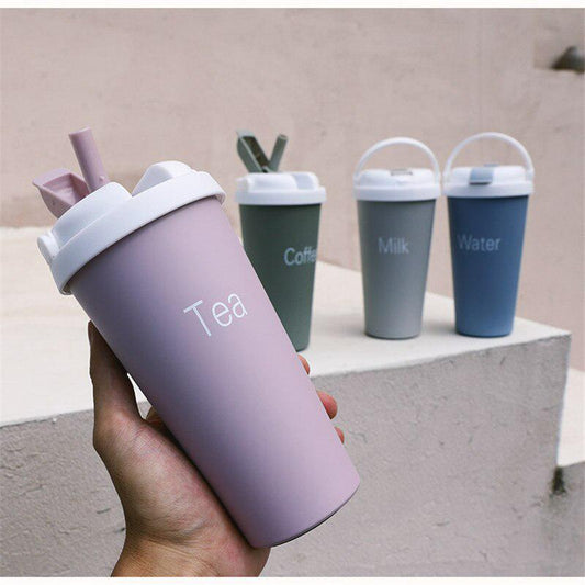 500ml Insulated Coffee&Tea Mug Portable Vacuum Cup 18/8 Stainless Steel Thermos Straw Water Bottle