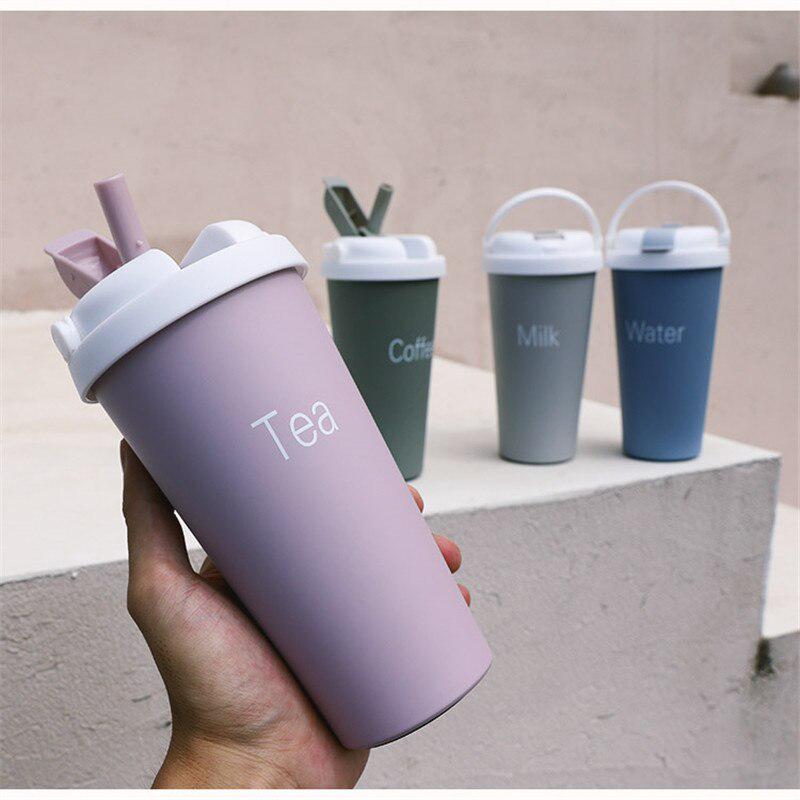 500ml Insulated Coffee&Tea Mug Portable Vacuum Cup 18/8 Stainless Steel Thermos Straw Water Bottle