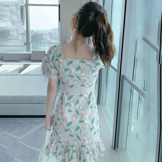 French Chiffon Dress Waist Is Thin Sweet Floral Skirt Lady Mid-length Floral Dress A-line Dress Slim Fabric Light and Breathable