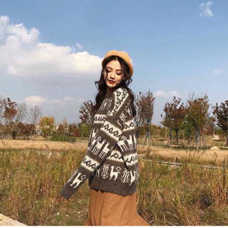 Retro loose mid-length women pullover christmas thickened red O-neck printing sweater jumper Winter