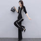 Black Spring and Autumn Suit Fitting Temperament Wide Leg Pants Casual Two-piece Round Neck Long Sleeve Shirt + Loose Wide Leg Pants