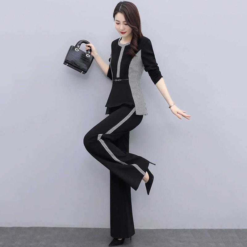 Black Spring and Autumn Suit Fitting Temperament Wide Leg Pants Casual Two-piece Round Neck Long Sleeve Shirt + Loose Wide Leg Pants