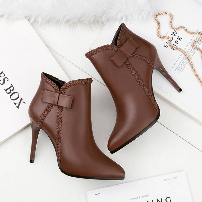 Pointed High Heels Martin Boots Sexy Stiletto Plus Velvet Bow Ankle Boots
