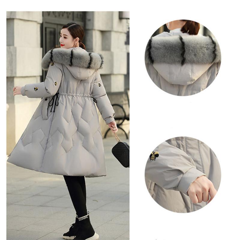 Women's Solid Color Embroidered Down Jacket Mid-length Korean Style Loose Thick Coat Warm Cotton Coat Large Fur Collar Winter Quilted Jacket