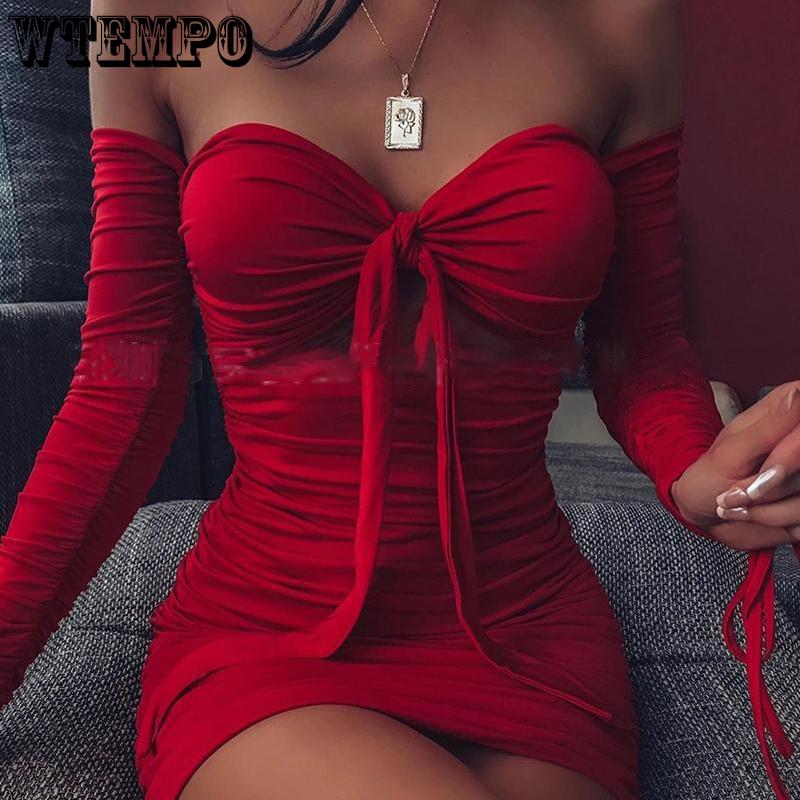 Party Sexy Dress Women Strapless Hollow Out Long Sleeve Summer Dress Solid Pleating Dresses