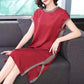 Split Design L-XXXXXL Summer Chiffon Plus Size Dress Summer Short Sleeve Round Neck Over The Knee Solid Color Dress