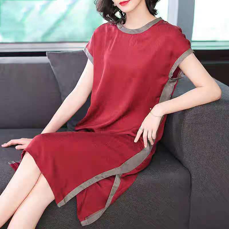 Split Design L-XXXXXL Summer Chiffon Plus Size Dress Summer Short Sleeve Round Neck Over The Knee Solid Color Dress