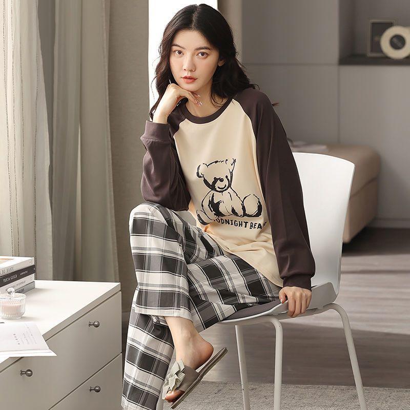 Women 's Pajamas Set Long Sleeve Sleepwear Suit Cotton Pyjamas Cartoon Cute Nightwear Loose Casual Home Wear Autumn Winter Pullover Tops and Pants