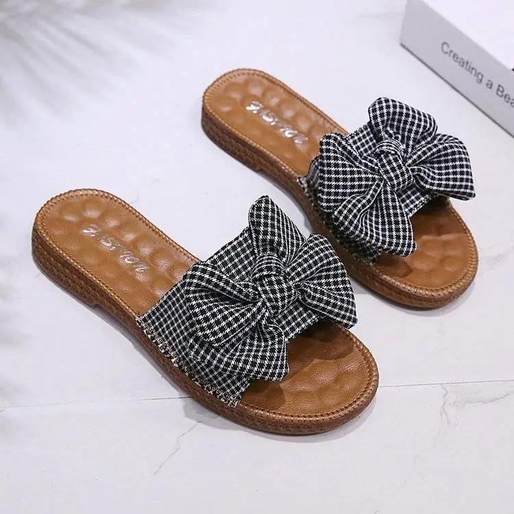 Women's Summer Outer Wear Slippers Beach Flat Bottom Beef Tendon Soft Bottom Pregnant Women Sandals Bow Flip-flops Bathroom Slippers