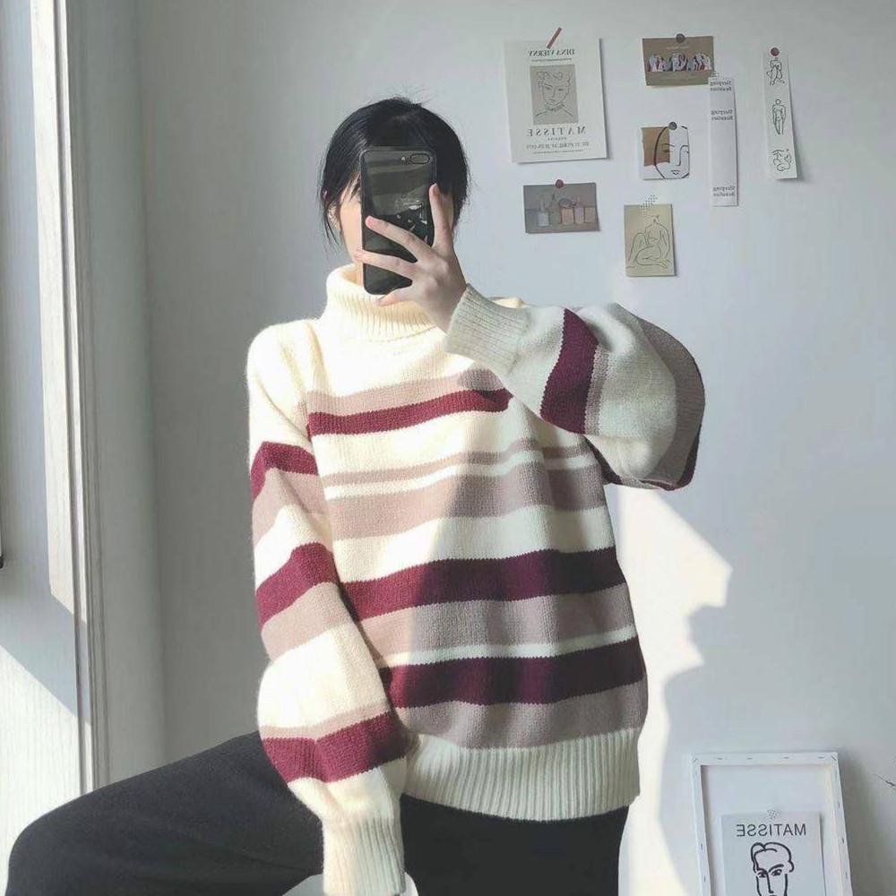 Autumn and Winter Turtleneck Striped Loose Sweater Female Hedging Was Thin Wild Sweater