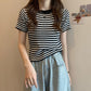 Thin Striped Ice Silk T-Shirt Women Summer Slim Short Knitted High Waist Top Short Sleeve