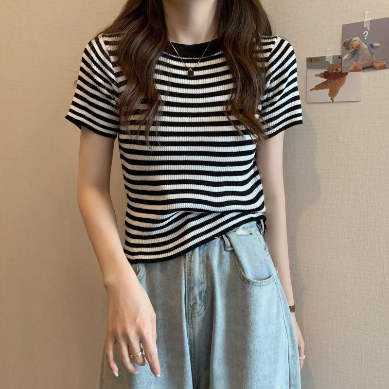 Thin Striped Ice Silk T-Shirt Women Summer Slim Short Knitted High Waist Top Short Sleeve
