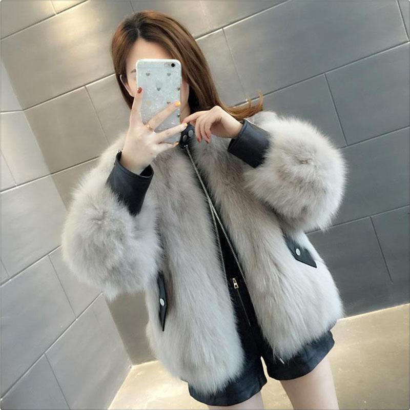 Fur Coat Women Faux Fox Fur PU Leather Stitching Jacket Short Thick Furry Coat Winter  Female Outwear