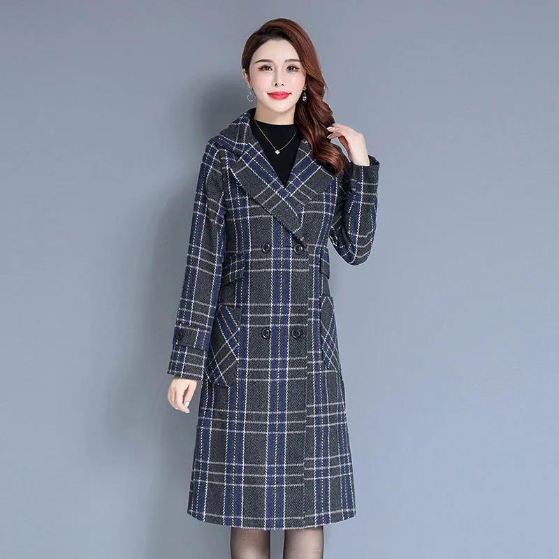 Woolen Coat Women's Mid-length Autumn and Winter Long Over-the-knee Thickened Warm Houndstooth Plaid Woolen Coat