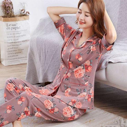 Short-sleeved Tops Trousers Cotton Pajamas Two-piece Women's Spring and Summer Thin Pajamas Set Large Size Loose Casual Home Wear