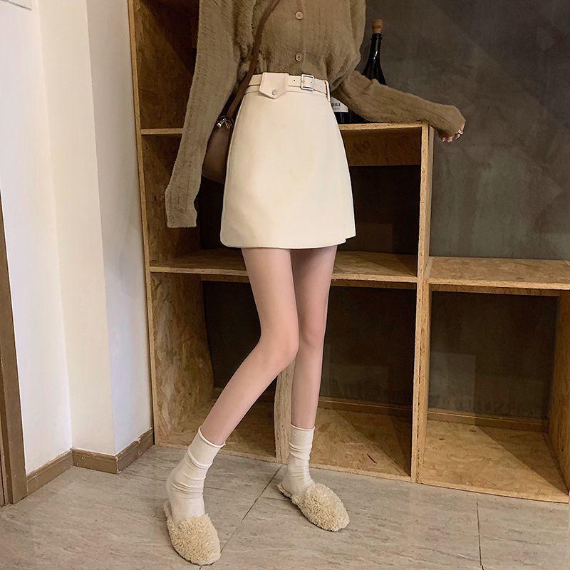 Woolen Cloth Women Sexy Tight A-line High Waist Hip Skirt Short Skirt Belt Split Fork Zipper Club Casual Home Office