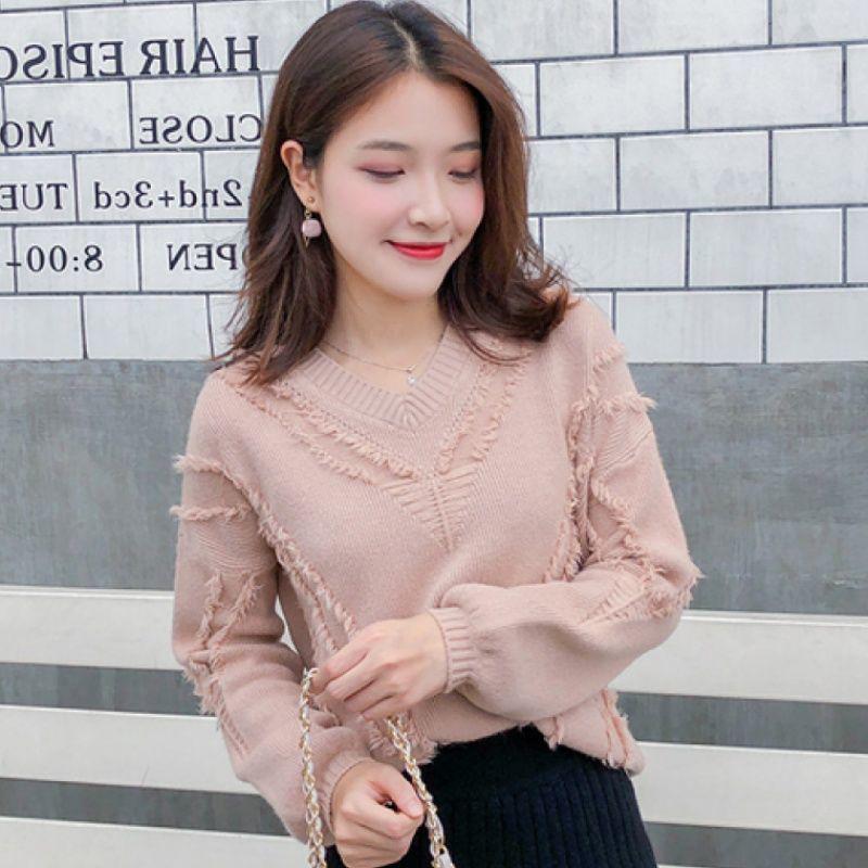 Knitted Sweater Women Autumn and Winter Loose Women's Korean Style Long-sleeved Pullover Tassel V-neck Knitted Bottoming Shirt