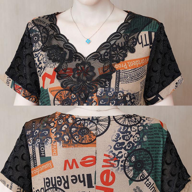 Large Size L-XXXXXL Women's Summer Dress Chiffon Veil Printing Above Knee V-neck Ruffle Short Sleeve Loose