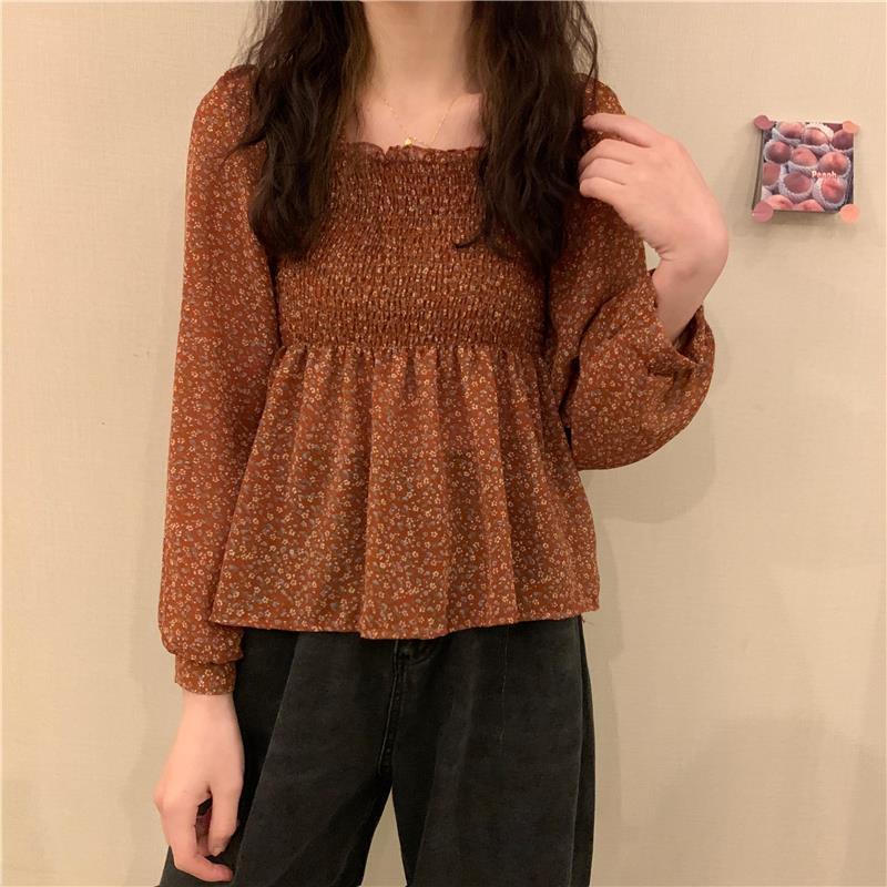 Blouse Women Sweet Korean Style Lovely Ladies Simple Lantern Sleeve Ruffles Popular Square Collar Thin Prairie Chic Holiday Tops
