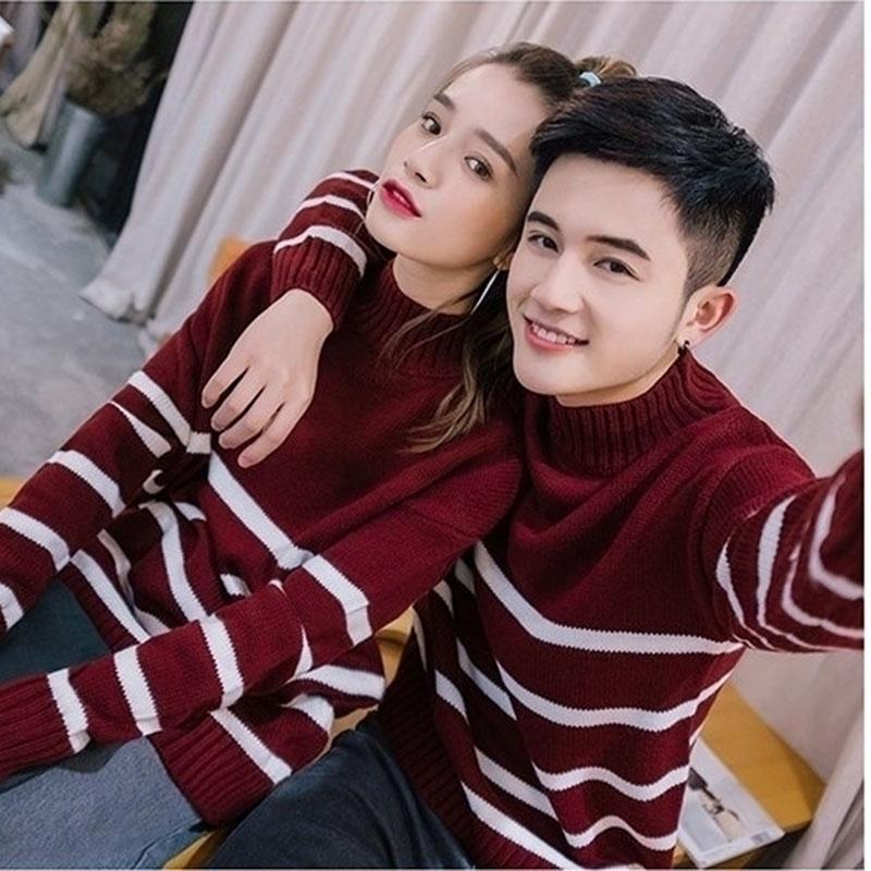 Autumn and Winter Casual Sweater Striped Pattern Loose Top Men and Women Half High Neck Lover's clothes
