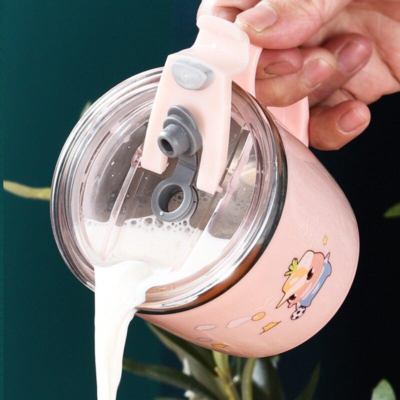 Stainless Steel Children's Straw Cup with Lid and Handle Anti-drop Water Cup Baby Learn To Drink Cup 220ML