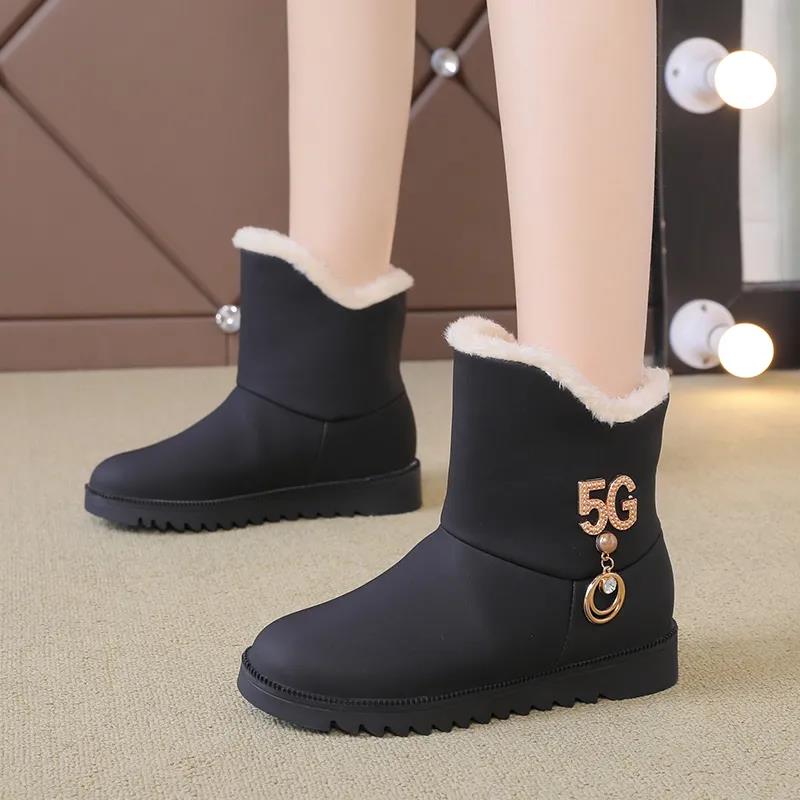 Women's Boots 2021 Winter Plush Nubuck Leather Sleeve Fashion Wedge Heel Faux Plush Warm Comfortable