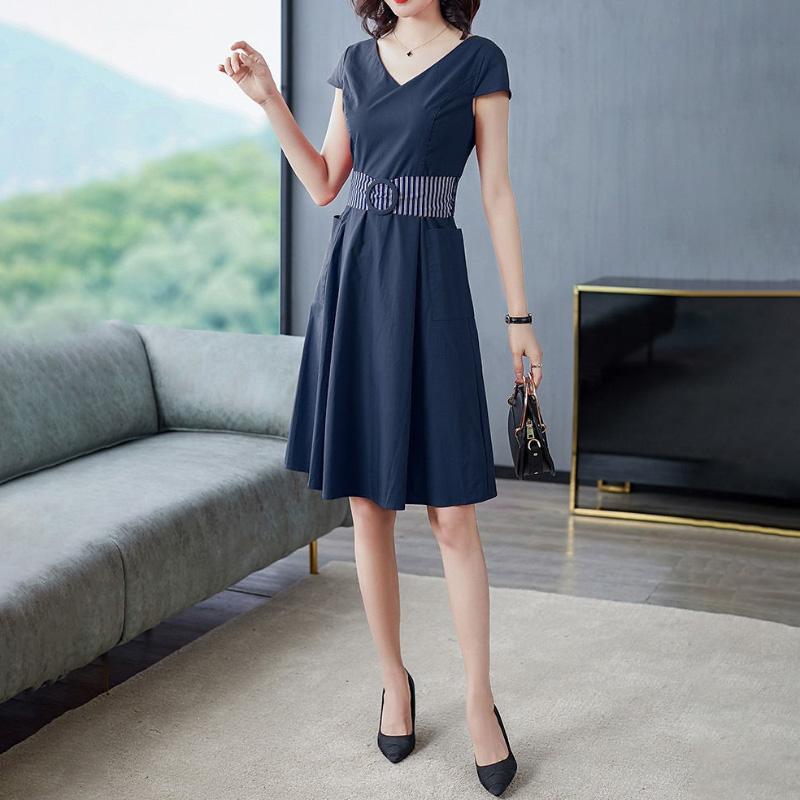 Summer Fashion All-match V-neck Dress Women's Waist Over-knee Long Skirt Casual Solid Color Short-sleeved Slim Dress